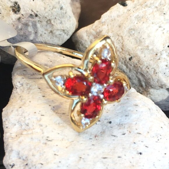 Tanzanian Ruby & White Zircon 9K Yellow Gold Ring Genuine Gemstones July - Picture 7 of 14